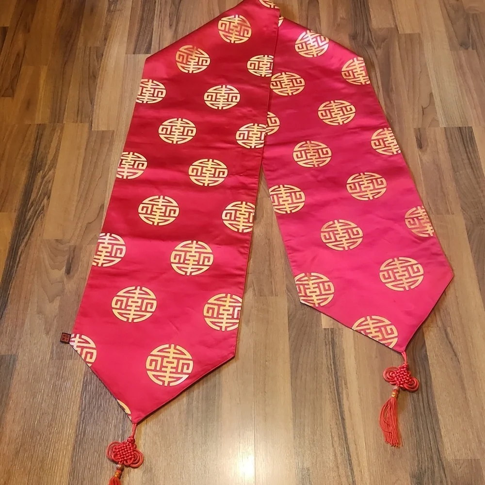 Silk Table Scarf Runner with Tassels Beautiful Red, Gold & Brown Chinese